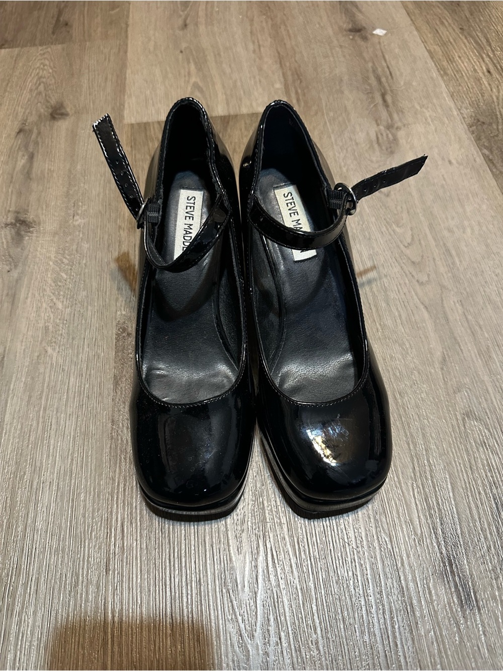 Steve Madden Black Patent Mary Jane Heels with Ankle Strap